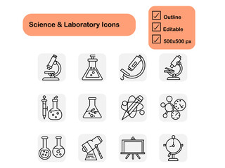 Outline vector icons of science tools and lab equipment. Perfect for STEM education, school materials, digital science content, and user interfaces. Fully editable EPS.