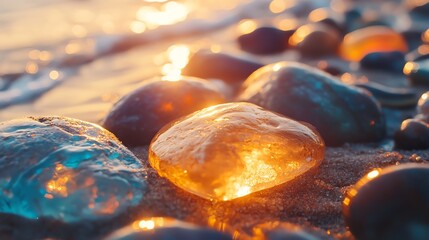 Glittering stones by the water capture warm sunlight reflections.