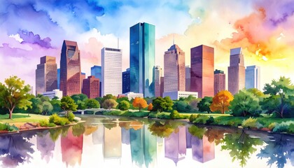 Vibrant Watercolor Painting Of The Houston Skyline Reflecting In Calm Water Under A Colorful Sky