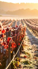 Vineyard Rows Covered In Frost Under Golden Morning Sunlight during Autumn season