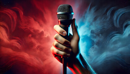 A human hand holding a microphone in the foreground, with a background featuring a blend of red and blue tones. 
