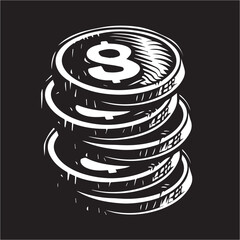 Monochromatic Stack of Coins Illustrating Financial Wealth and Savings in a Bold Woodcut Style Design On Dark Background