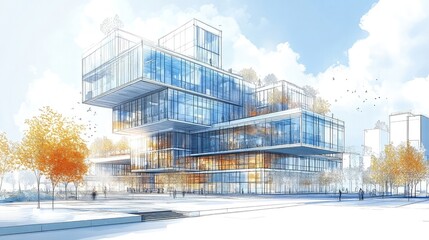 Architectural drawings featuring detailed building exteriors, interiors, and city plans with structural precision, artistic shading, and design concepts suitable for architectural visualization.