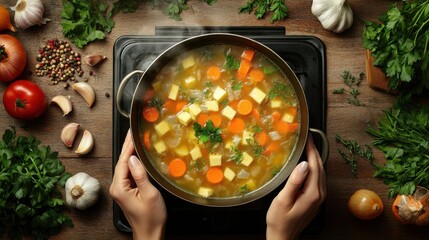 pot with vegetable broth made from peelings, stems, and cores, bubbling on stovetop, surrounded by fresh herbs and garlic skins