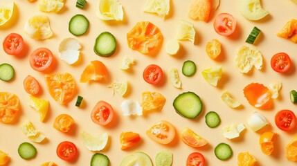 vibrant composition made from vegetable peels, stems, cores and skins laid out in abstract circular pattern on beige background, flat lay angle, eco-aesthetic