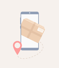 Delivery box on smartphone screen and location pin icon. Flat vector illustration