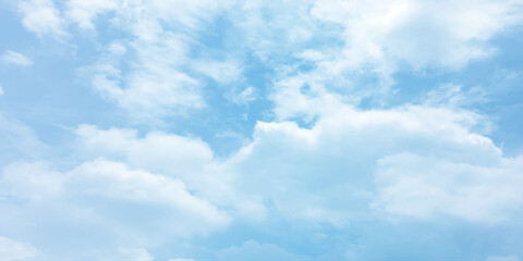 Cloudy blue summer storm  in the sky, watercolor background, horizontal view, beautiful cloudscape, fresh air, nature shining light, sunrise sky, panoramic view, daylight, vast fluffy tiny white sunsh