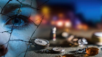 Human face reflected in cracked mirror, dark circles under eyes, surrounded by clocks and pill bottles. Sleep Deprivation Awareness, Hidden Cost of Time Change