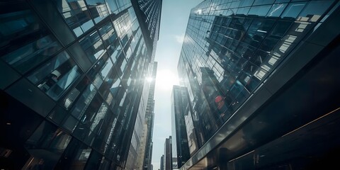 Obraz premium low angle city skyline with distant glass skyscrapers reflecting sunlight