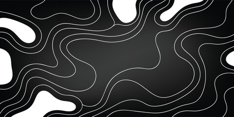 Abstract black topographic vector background. Modern minimalist illustration with white contour lines creating a liquid or map-like pattern for banners, posters, and graphic design.