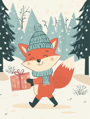 A little fox with a gift walking through a snowy forest, perfect for winter holiday tags and festive printable labels