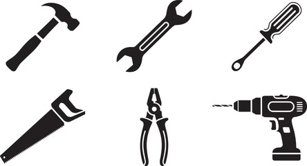 Essential Hand Tools Collection Hammer, Wrench, Screwdriver, Saw, Pliers, and Drill Vector Illustration
