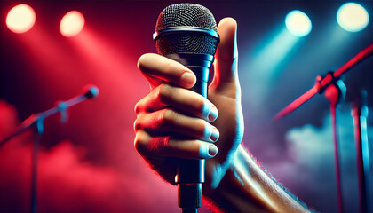 A human hand holding a microphone in the foreground, with a background featuring a blend of red and blue tones. 