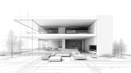 Architectural blueprints rendered in technical line art showing building layouts, elevation plans, and spatial design used in construction, interior design, and engineering visualization.