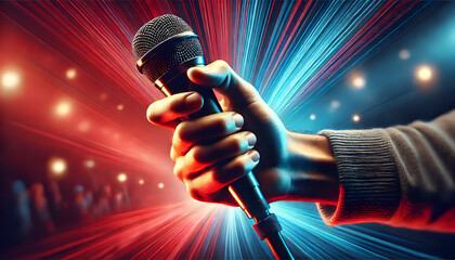 A human hand holding a microphone in the foreground, with a background featuring a blend of red and blue tones. 