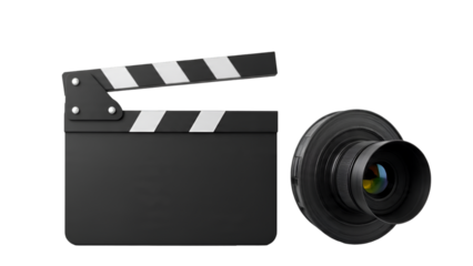 Clapperboard with Camera Lens and Film Reel Isolated on White for Video Production Use
