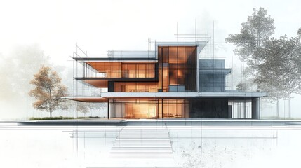 Architectural blueprints rendered in technical line art showing building layouts, elevation plans, and spatial design used in construction, interior design, and engineering visualization.