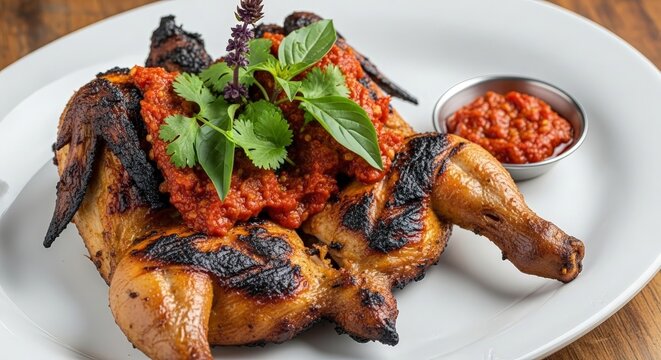 Grilled Spatchcock Chicken with Red Sauce, Basil, and Cilantro on White Plate