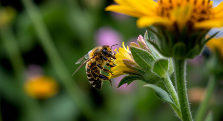 honey bee collecting nectar from yellow flower macro closeup