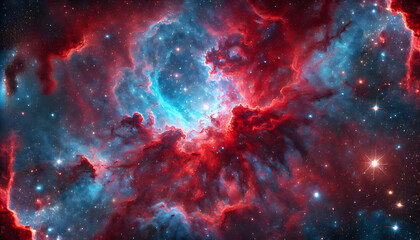  A stunning red and blue cosmic nebula in deep space. The nebula is vast and filled with swirling clouds of red and blue gases
