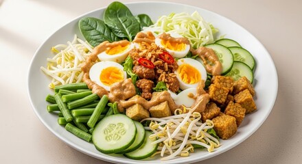 Gado-Gado Salad: Indonesian Dish with Vegetables, Eggs, Tofu, and Peanut Sauce on White Plate.