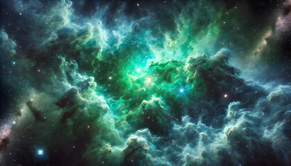 A breathtaking green and indigo cosmic nebula in deep space. The nebula is vast and filled with swirling clouds of green and indigo gases