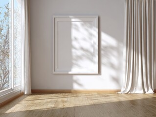 A white framed picture is hanging on a wall in a room. The room is empty and has white curtains