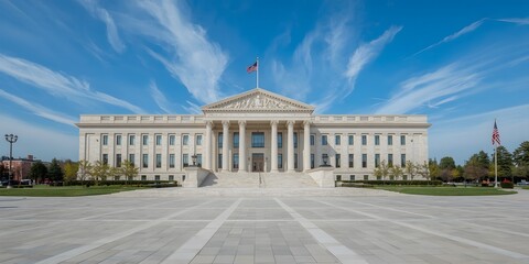 Naklejka premium modern government commercial building exterior, wide shot with clear blue sky