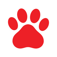 Bright red paw print silhouette isolated on white background