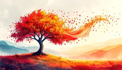 Windswept Autumn Tree with Orange and Red Leaves Swirling Across a Hillside Landscape Under a Soft Sky