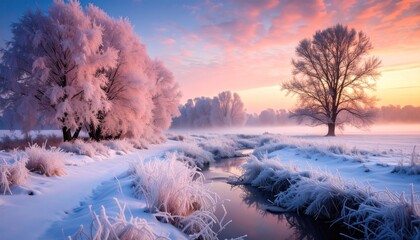 Winter Landscape with Frost Covered Trees and Pink Sky Reflecting on Snow Covered Stream