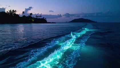 Bioluminescent Waves at Dusk on Tropical Island Coastline with Reflection of Sky Colors