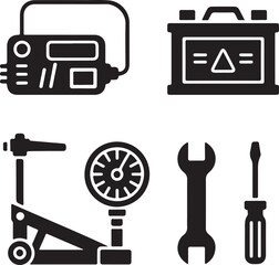 Car Diagnostics and Maintenance Solid Icons – OBD Scanner, Battery, Warning Light, Jack, Tire Pressure Gauge, and Tools
