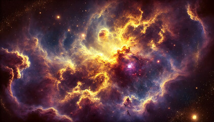 A stunning gold and purple cosmic nebula in deep space. The nebula is vast and filled with swirling clouds of golden and purple gases,