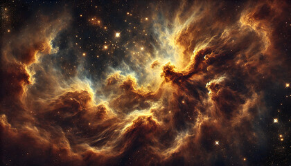 A mesmerizing gold and brown cosmic nebula in deep space. The nebula is vast and filled with swirling clouds of golden and brown gases,