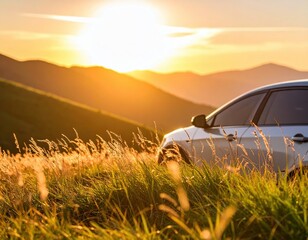 Serene Sunset Over Mountains with Car in Foreground Surrounded by Tall Grass and Warm Sunlight