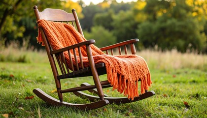 Worn Wooden Rocking Chair with Orange Knitted Blanket Outdoors in a Grassy Field under Golden Sunlight