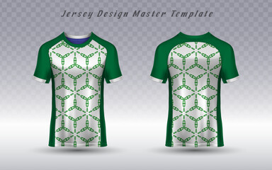 sports jersey mockup featuring a green and white geometric pattern, ideal for team uniforms, eSports, and athletic apparel with a modern aesthetic.