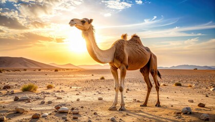 Camel Standing in Desert Landscape Under Vibrant Sunset Sky with Rolling Sand Dunes in Background