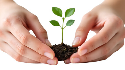 Hands Holding Green Plant with Soil Symbolizing Sustainability Isolated on White