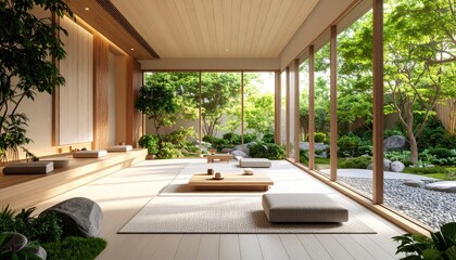 Zen Inspired Spa Room Interior Featuring Wooden Furnishings Natural Light And Lush Green Garden Outside