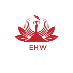 EHW Letter Logo. EIM Fashion Logo with Elegant Woman Silhouette, Hat, and Leaf Motif  Boutique, Beauty, or Event Branding Design
