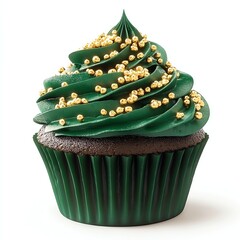 Green cupcake with decorative frosting and golden sprinkles.
