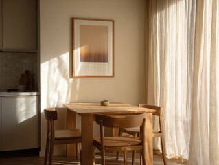 A wooden table with three chairs around it. A framed picture hangs on the wall. The table is in a kitchen