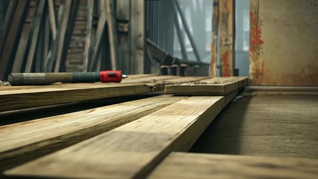 Skilled artisans meticulously position wooden planks on the workshop floor, showcasing attention to detail and craftsmanship in the process