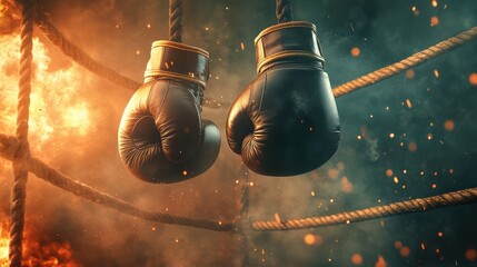 Boxing gloves hanging in a smoky ring