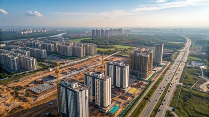 Naklejka premium Aerial View of New Urban Development with Residential Buildings and Construction Sites