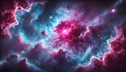 A beautiful magenta and sky blue cosmic nebula in deep space. The nebula is vast and filled with swirling clouds of magenta and sky blue gases, 