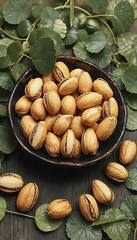 Bowl of roasted pistachio nuts surrounded by green leaves on a wooden surface