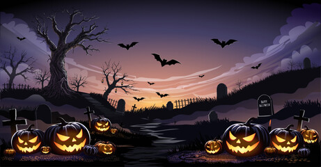 Happy Halloween Banner, Halloween cemetery landscape with old house, pumpkins and tombstones, vector background. Halloween holiday trick or treat party banner with midnight moon and cemetery.